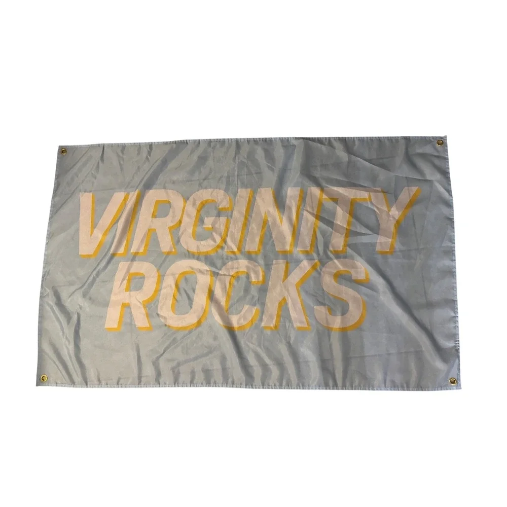 Virginity Rocks‎ Flag Banner Light Blue Yellow Grommets Statement